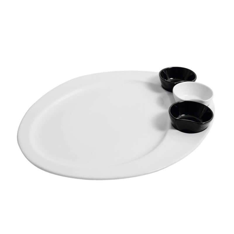 Plato+2 Salseras Negras+1 Blanca 34X28X2Cm